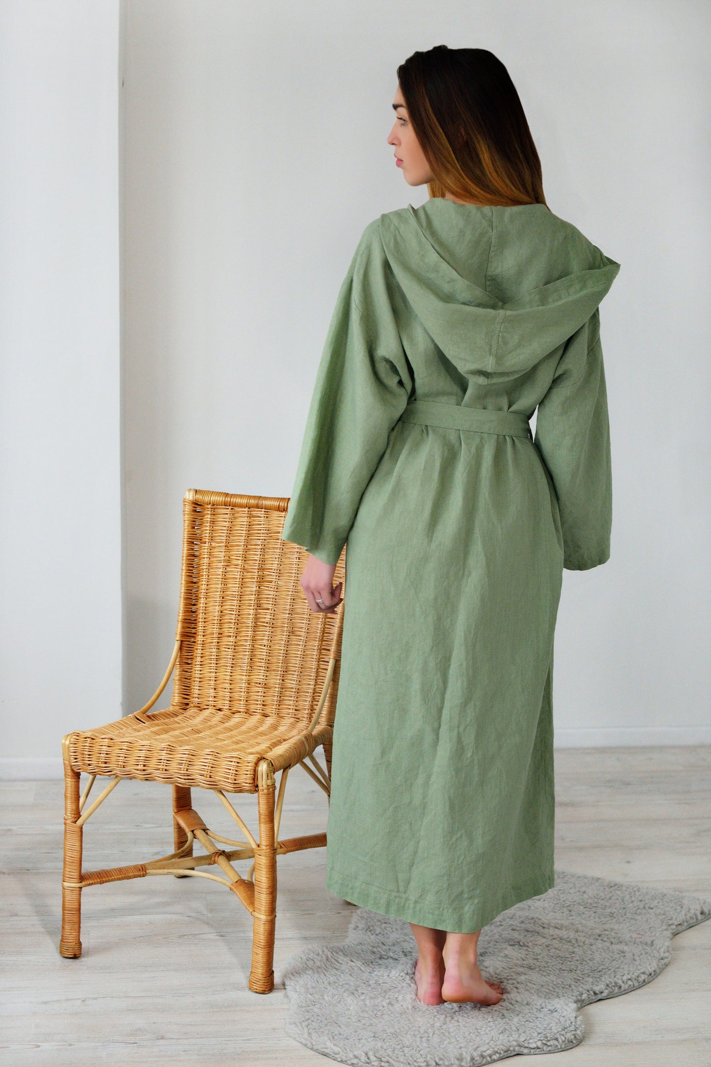Linen Long Bath Robe MILDA Hooded in Sea Wave