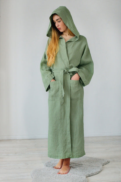 Linen Long Bath Robe MILDA Hooded in Sea Wave
