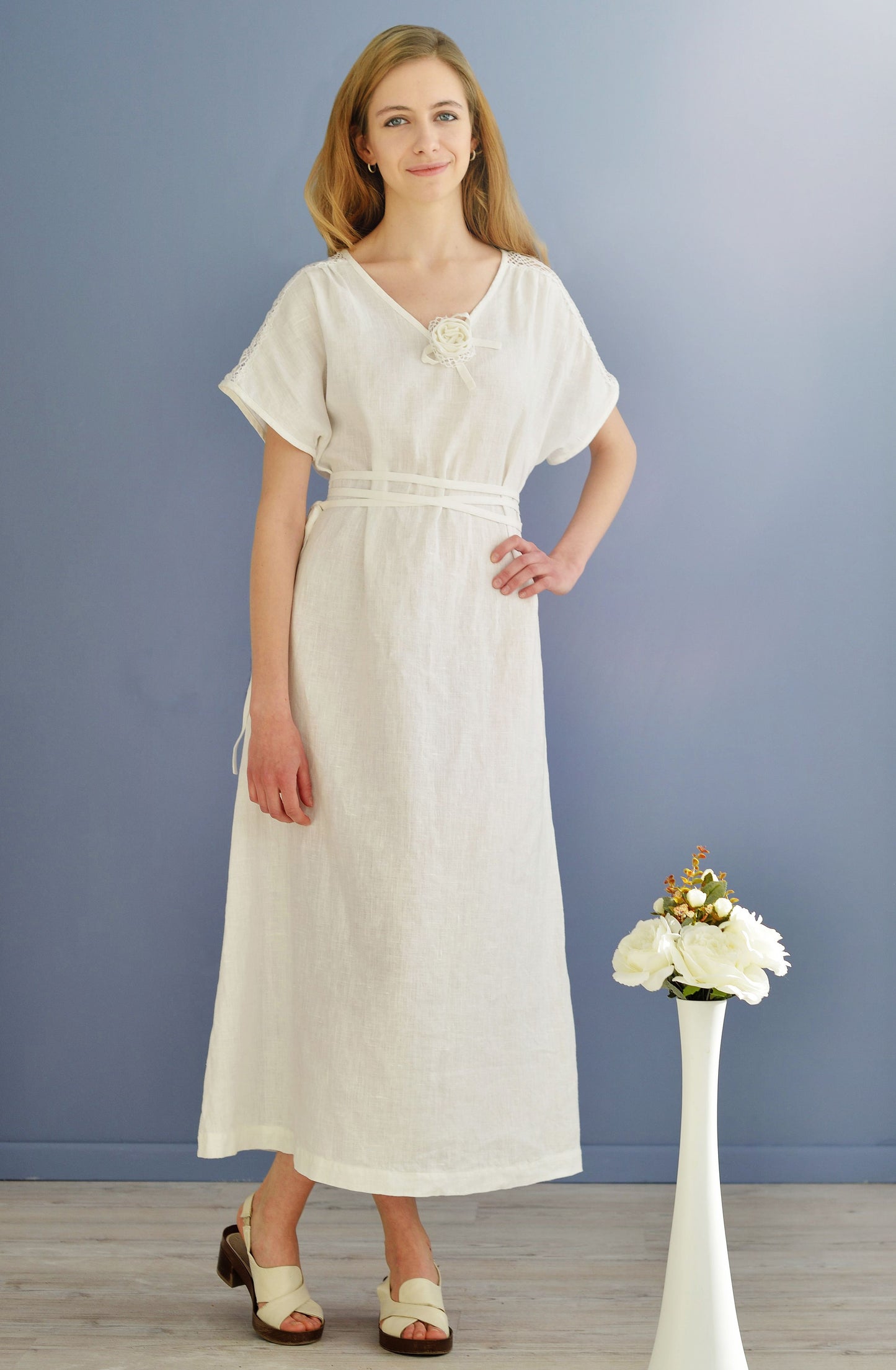 Linen Long Dress AMELIA  with Lace at Shoulder Line