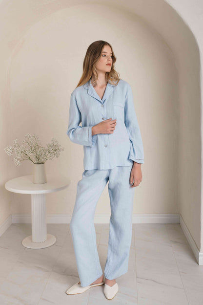 Linen Blue Pajama Set with Handmade Drawnwork