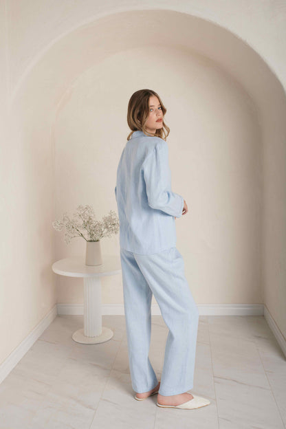 Linen Blue Pajama Set with Handmade Drawnwork