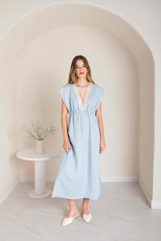 Long Night Gown ANTIQUE in Blue Linen