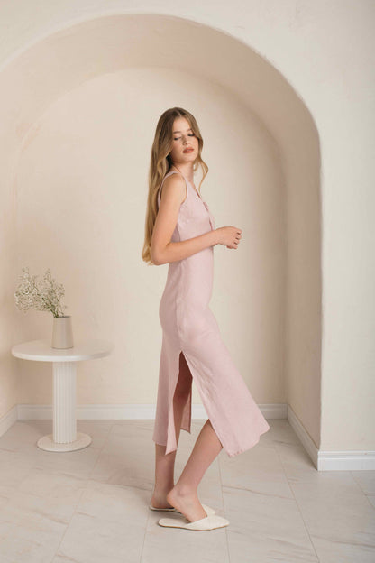 Linen Long Night Gown DEW in Rose