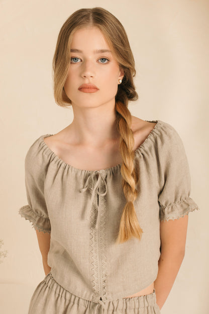 Natural Linen Pajama Set ANASTASIA Lace with Pantaloons