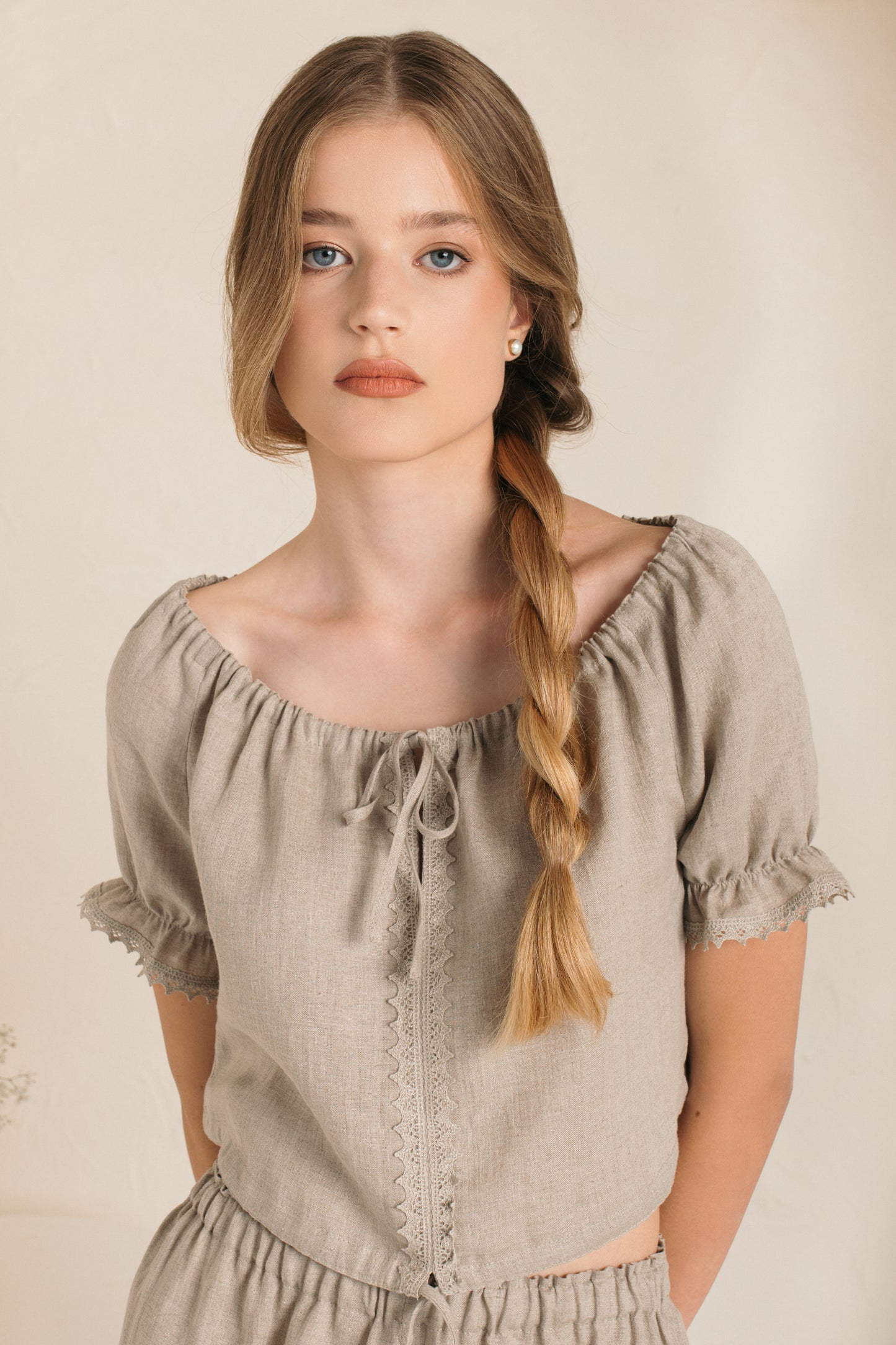 Linen Cropped  Pajama Top ANASTASIA LACE