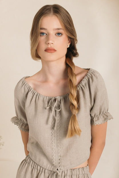 Linen Cropped  Pajama Top ANASTASIA LACE