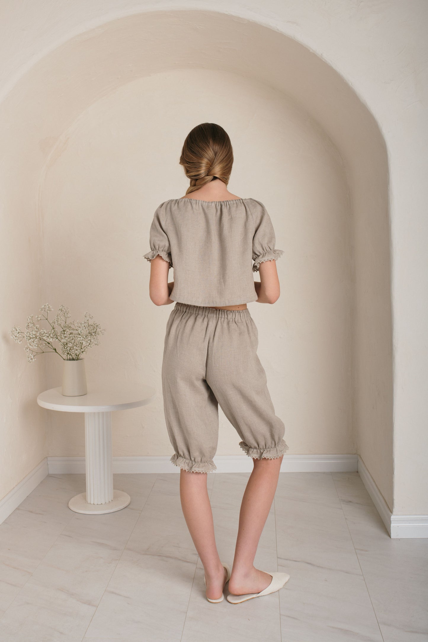 Linen Natural Flax Pantaloons with Ruffle Bottom
