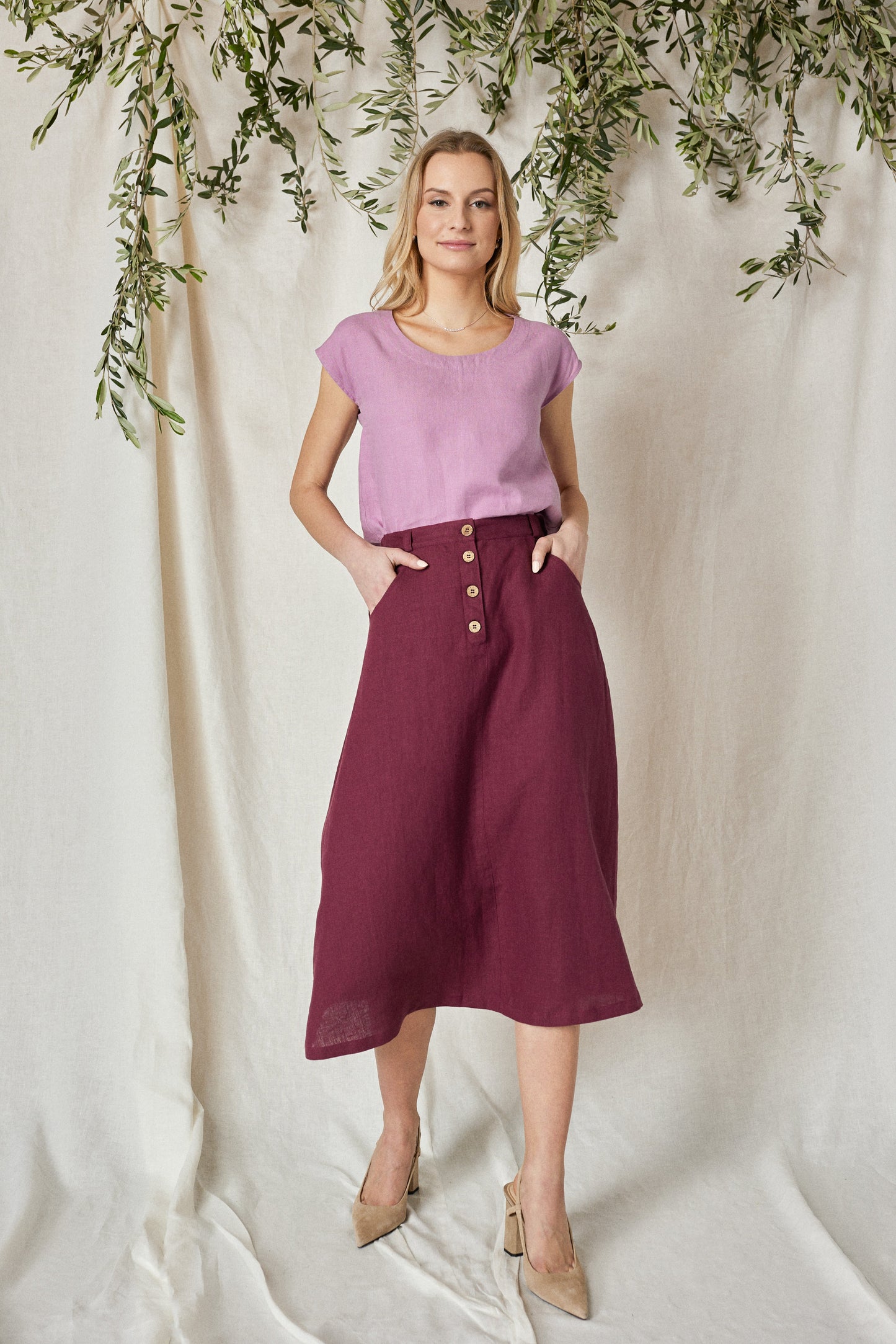 Linen Skirt CLEO in Green with Buttoned Front