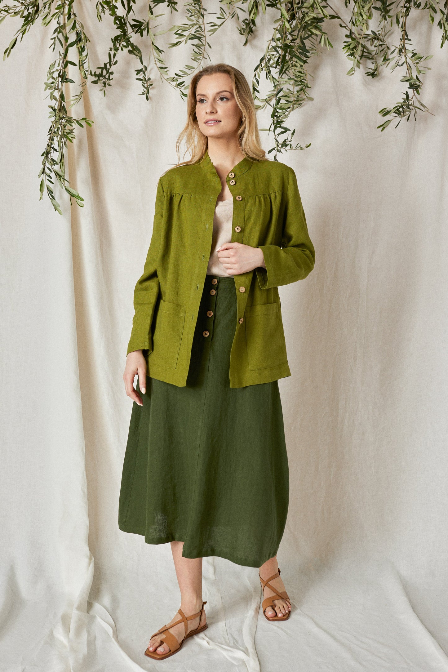 Linen Skirt CLEO in Green with Buttoned Front