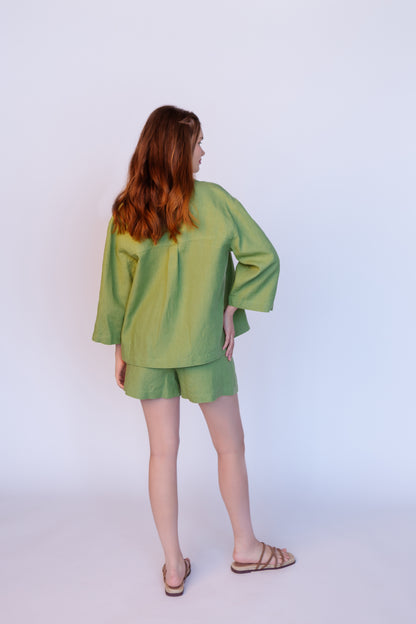 Linen Green Loose Shape Jacket HARLEY with Yoke and Wide Sleeves
