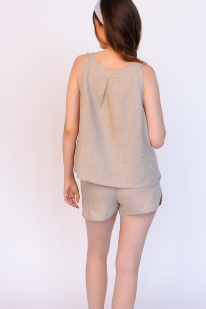 Linen Blue Pajama Top ROSIE  with Lace