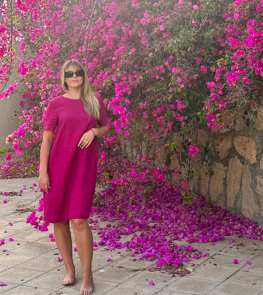 READY To SHIP Pink Linen Dress with Small Bow
