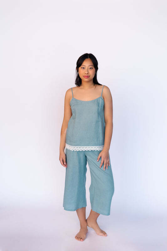 Pajama Set ISABELLA LACE in Azure Linen
