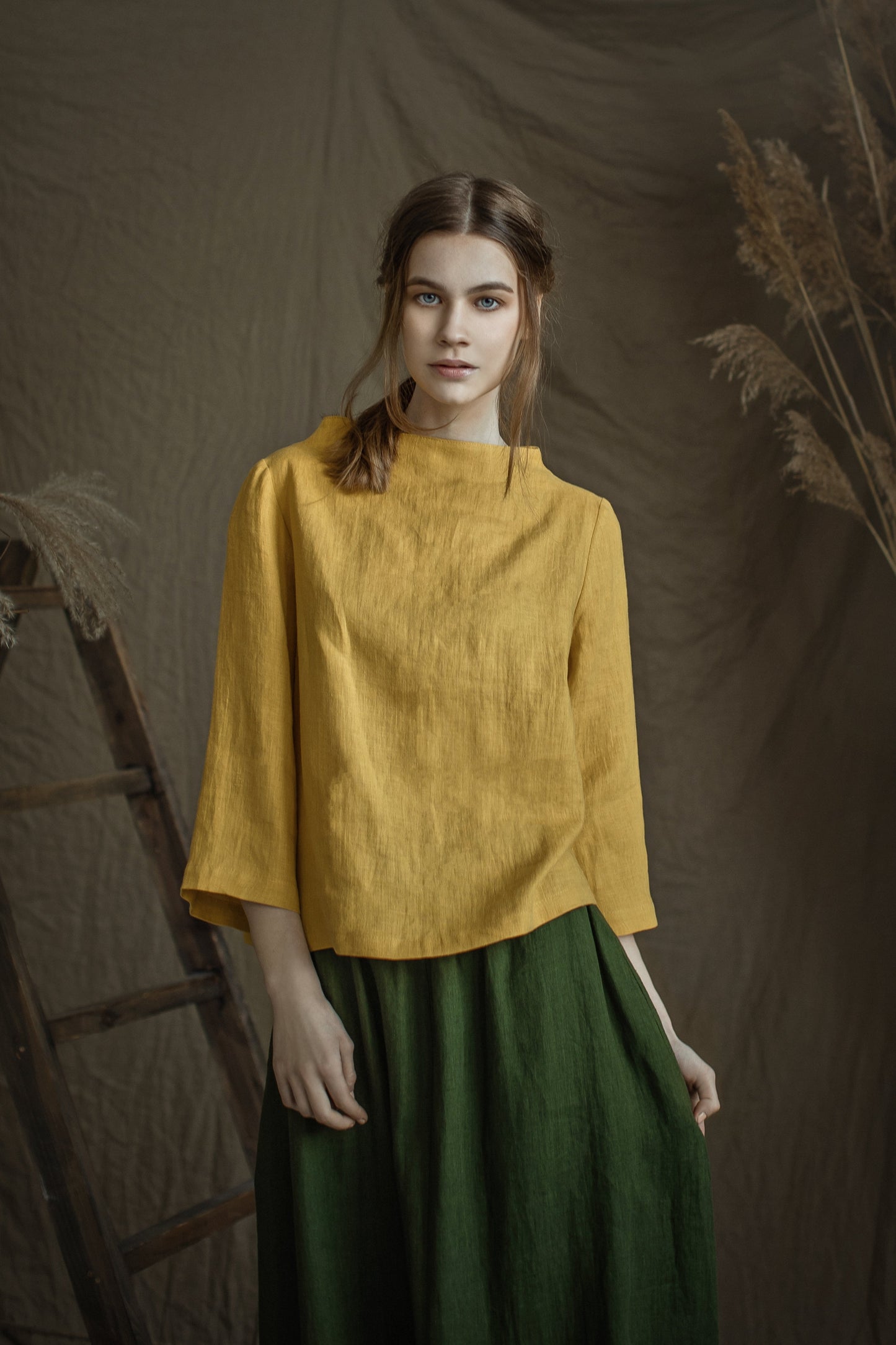 Linen Blouse AYA With High Neck