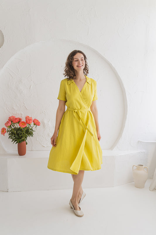 Linen Wrap Dress KEIRA With Collar Shortsleeved