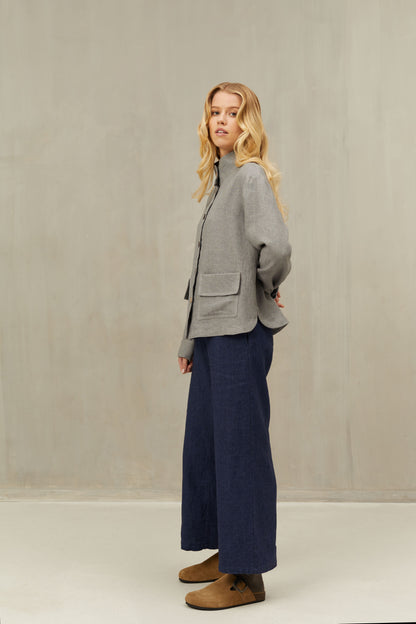 Linen/Wool Blend Overcoat LUCA with Band Collar and ockets in Grey