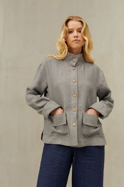 Warm Stylish Short Jacket Luca with Pockets and Band Collar in Grey Linen/Wool