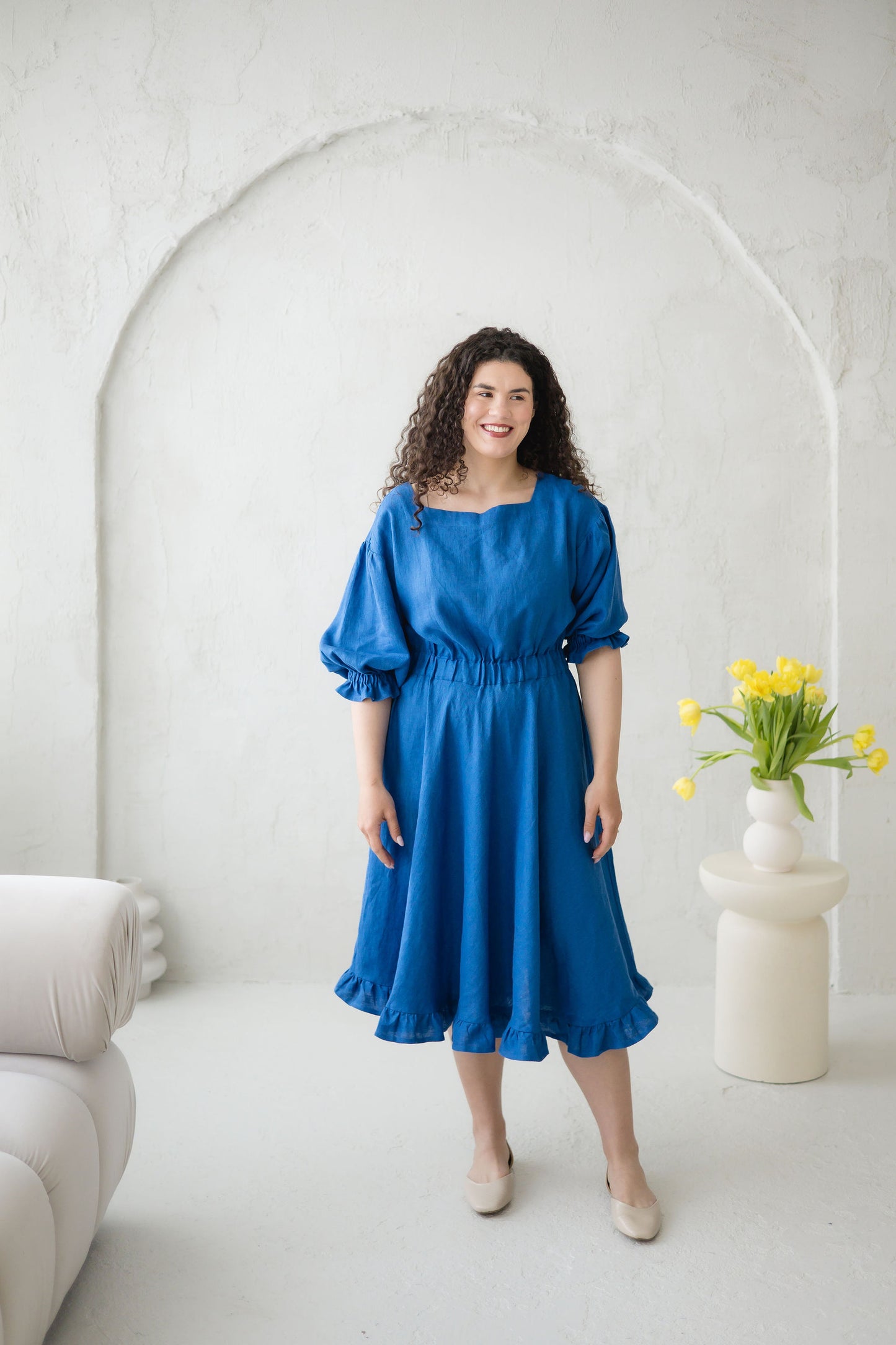 Romantic Blue Linen Dress ROMANCE with Ruffles