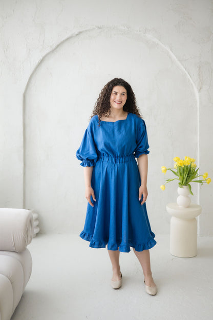 Romantic Blue Linen Dress ROMANCE with Ruffles
