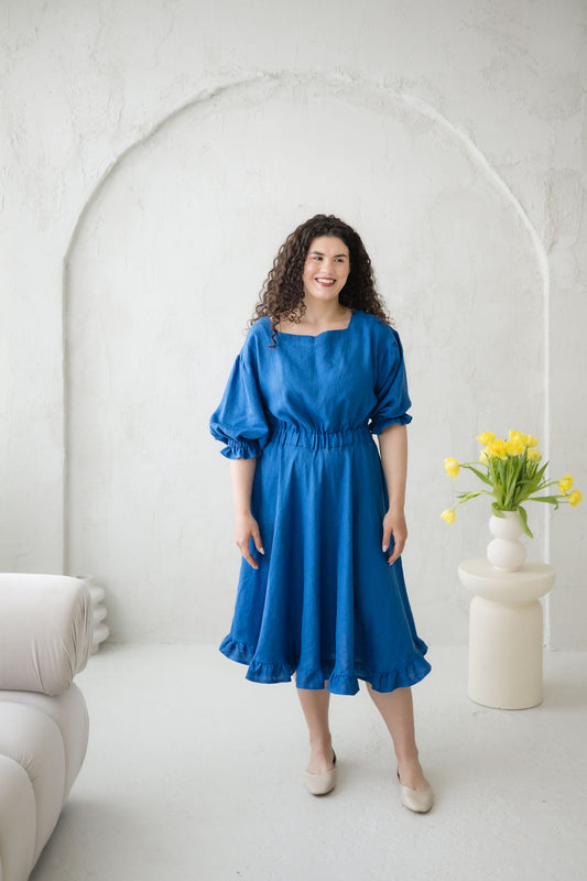 Romantic Blue Linen Dress ROMANCE with Ruffles