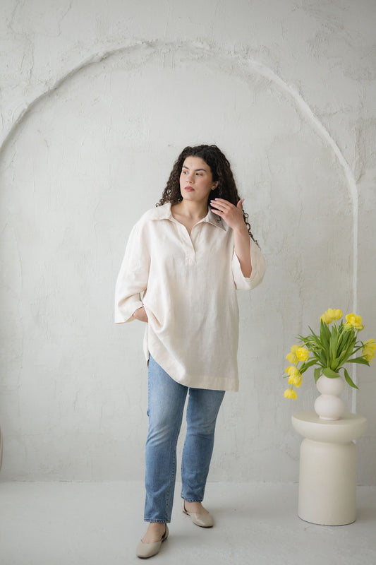 Women’s Oversized Linen Tunic BERTA - Minimalist Beige Linen Shirt