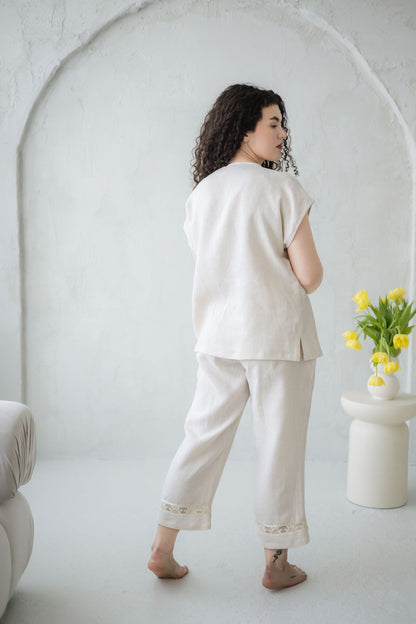 Luxury Linen Pajama Set with Lace CHARLOTTE– Breathable Womens Sleepwear & Loungewear