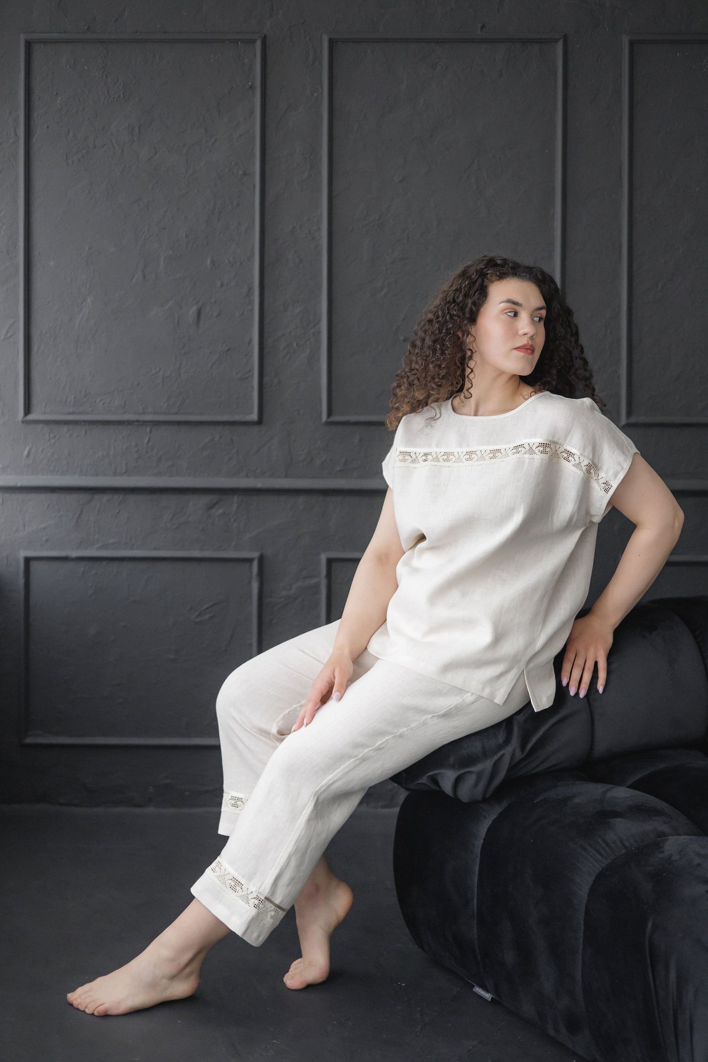 Luxury Linen Pajama Set with Lace CHARLOTTE– Breathable Womens Sleepwear & Loungewear