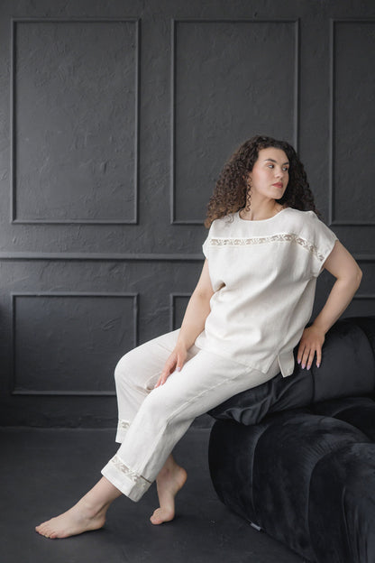 Luxury Linen Pajama Set with Lace CHARLOTTE– Breathable Womens Sleepwear & Loungewear