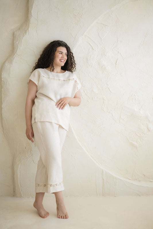 Luxury Linen Pajama Set with Lace CHARLOTTE– Breathable Womens Sleepwear & Loungewear