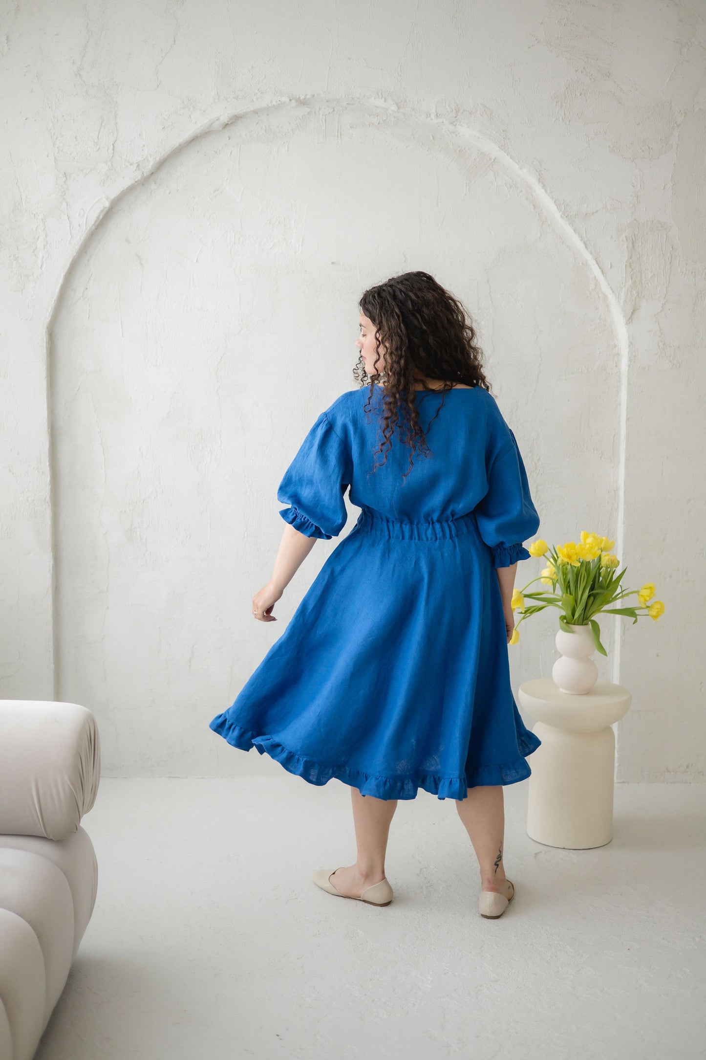 Romantic Blue Linen Dress ROMANCE with Ruffles