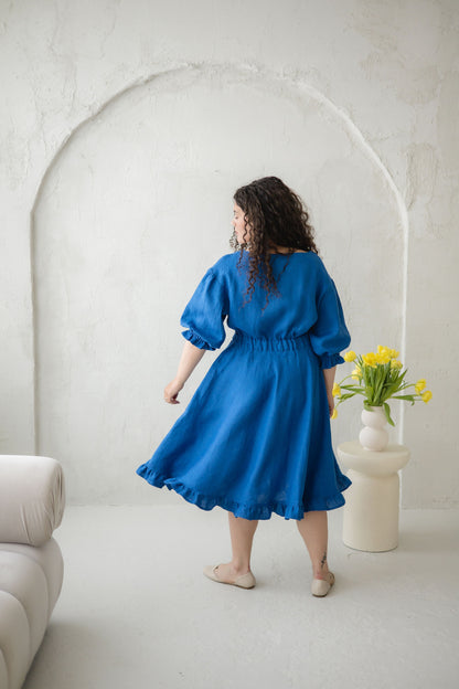 Romantic Blue Linen Dress ROMANCE with Ruffles