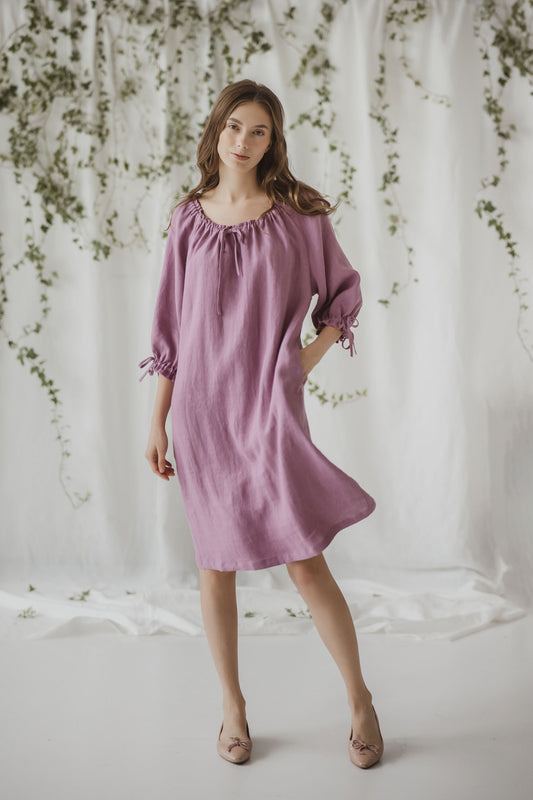 Linen boho romantic dress Filomena with drawstring neck in lavender color