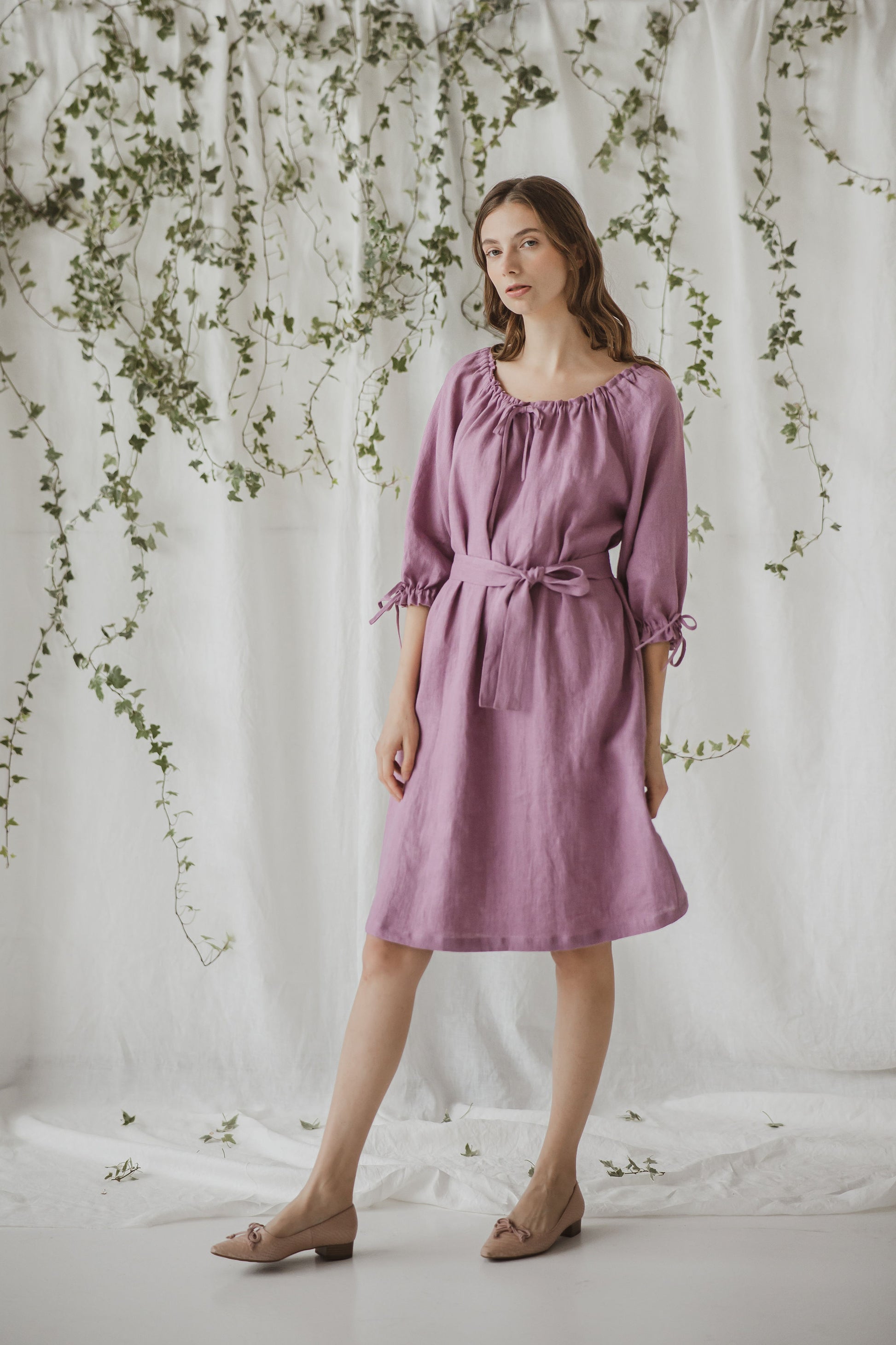 100% inen lavender dress with drawstring waist and sleees and belt