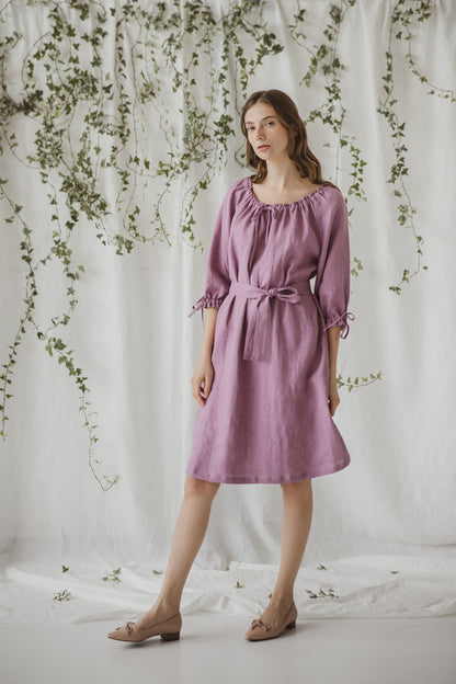 100% inen lavender dress with drawstring waist and sleees and belt