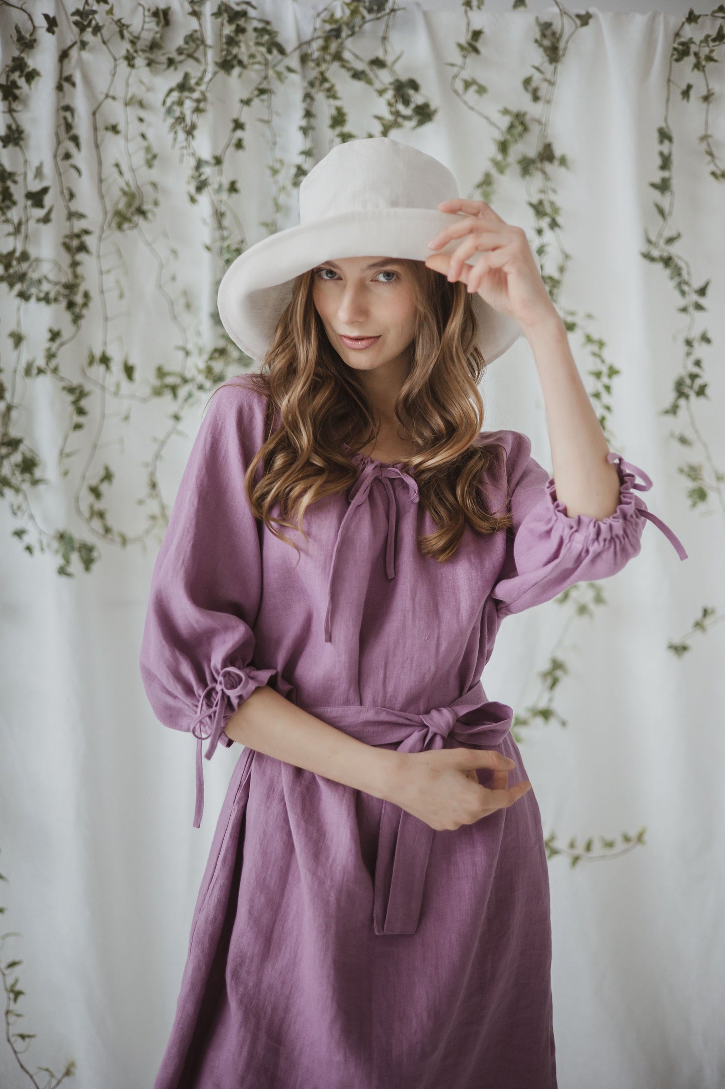 Romantic ruffled pure linen dress in lavender color
