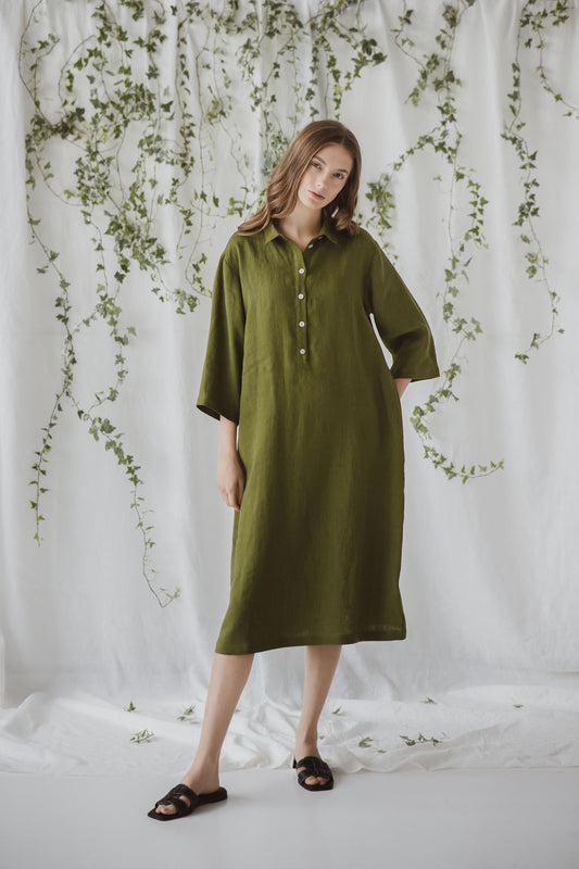 Linen Shirt Dress Lora in Moss Green