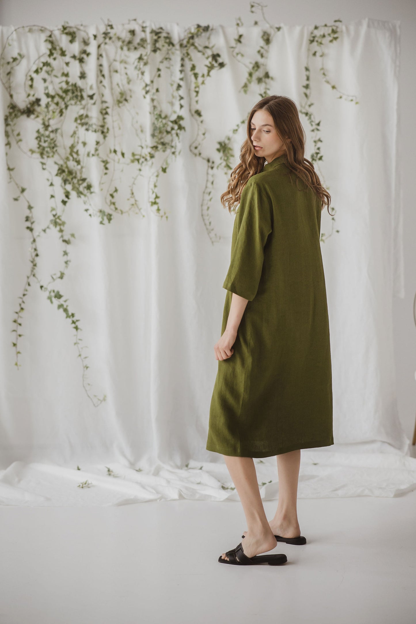 Linen Shirt Dress Lora in Moss Green