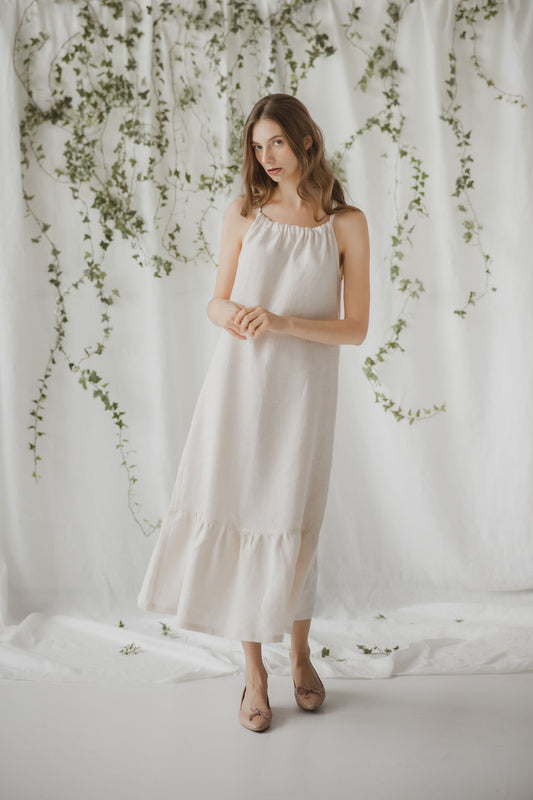 Linen sundress VIOLA sleeveless with adjustable tie in front and back, tied into a nice bow at back