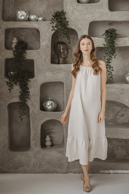 Linen long organic dress VIOLA trapeze silhouette with wide bottom frill and gathered neck with a tie