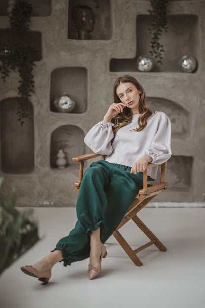 Linen blouse Georgina in crop length and wide bishop sleeves