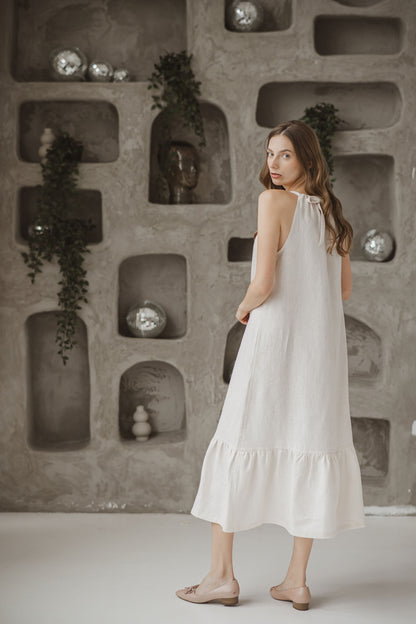 Linen maxi sleeveless dress Viola relaxed trapeze silhouette and adjustable front and back neck
