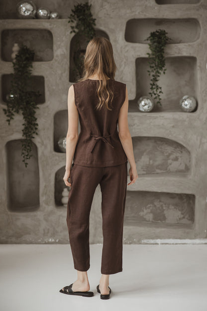 Women's linen long vest Gabriel - V-neck and ties at back