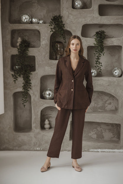 Linen classic fitted jacket Nolan in Chocolate brown