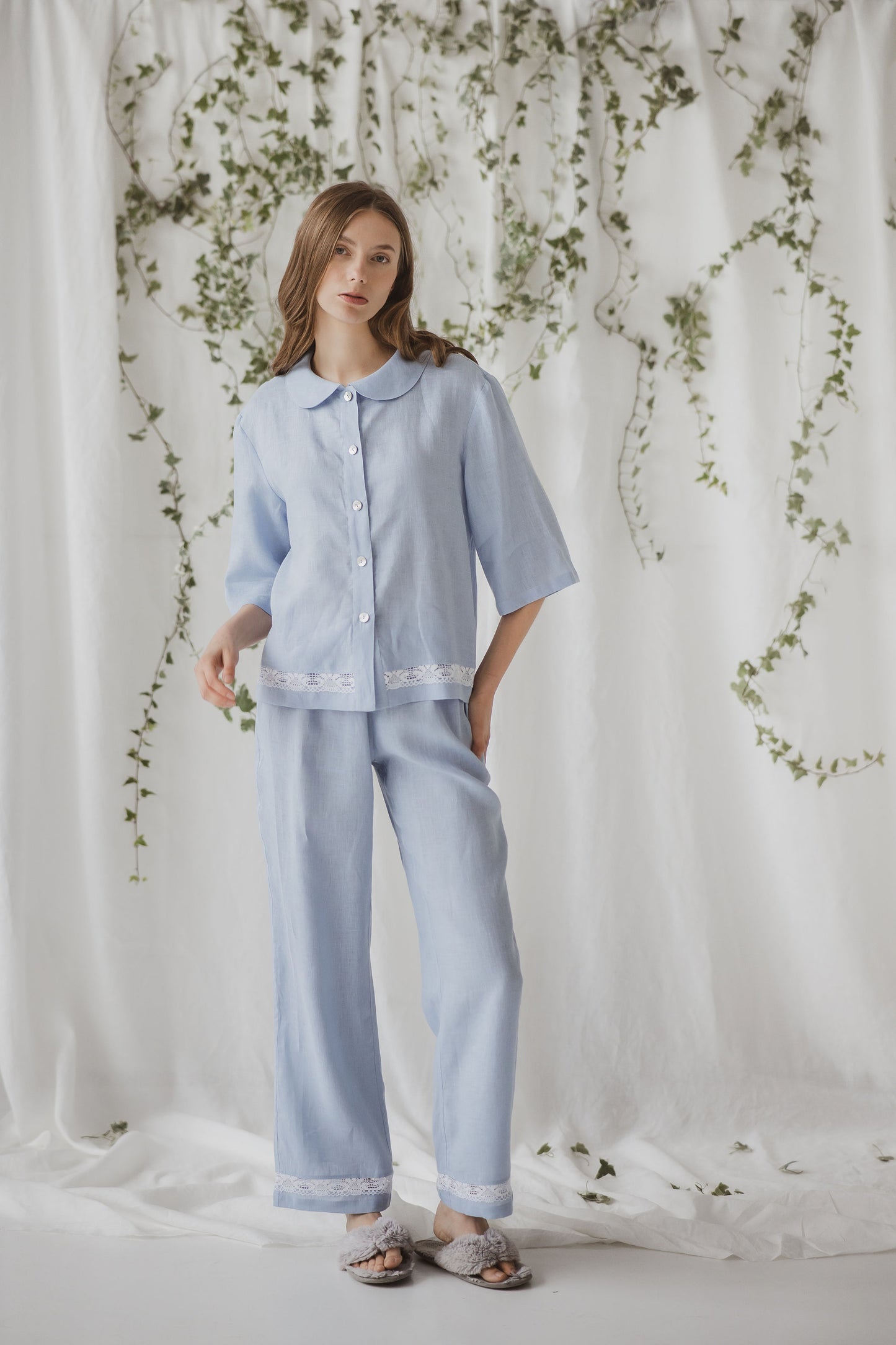 Linen luxurious pale blue pajama set Vanessa with lace on pants bottom and shirt