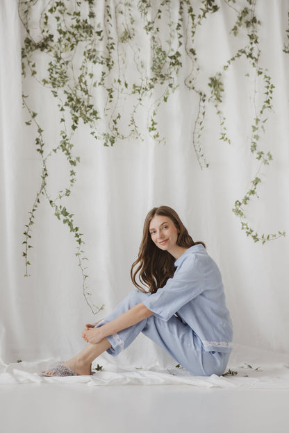 Blue pure linen pajama set Vanessa Lace for women