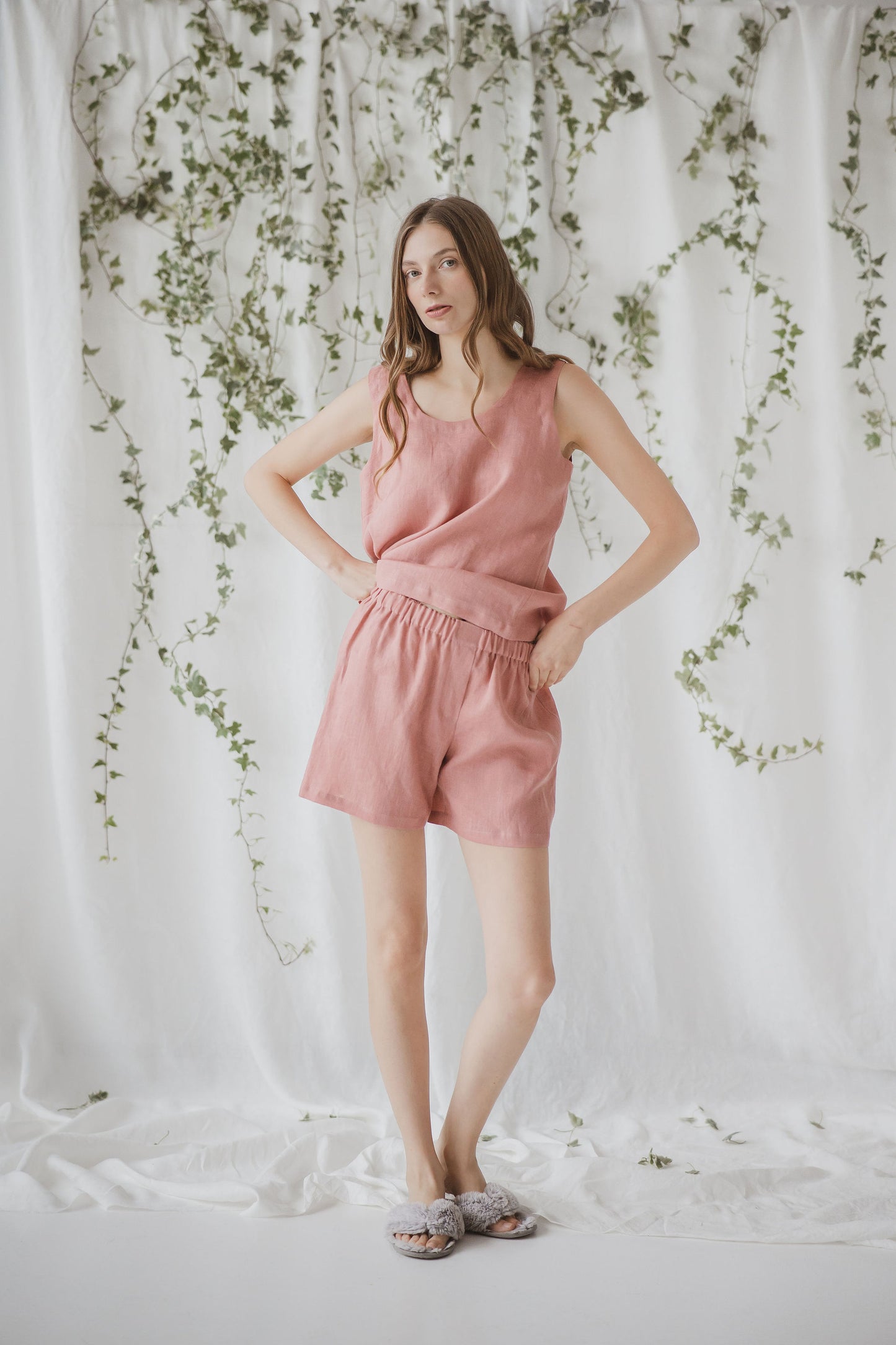 Linen Sustainable Loungewear or Sleepwear set for Women in Lightweight Breathable Salmon Linen