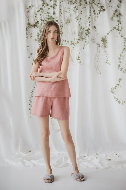 Minimalist linen women's set Yvonna, perfect as relaxed loungewear, comfortable sleepwear or breathable beach cover- ups