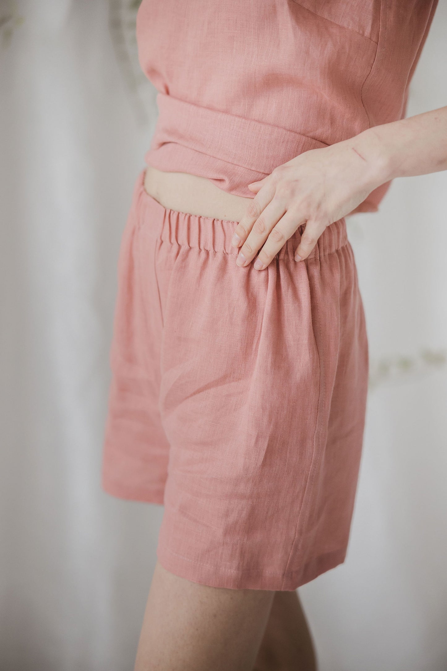 100% linen high rise shorts YVONNA,  relaxed and comfortable boyshorts in breathable salmon flax