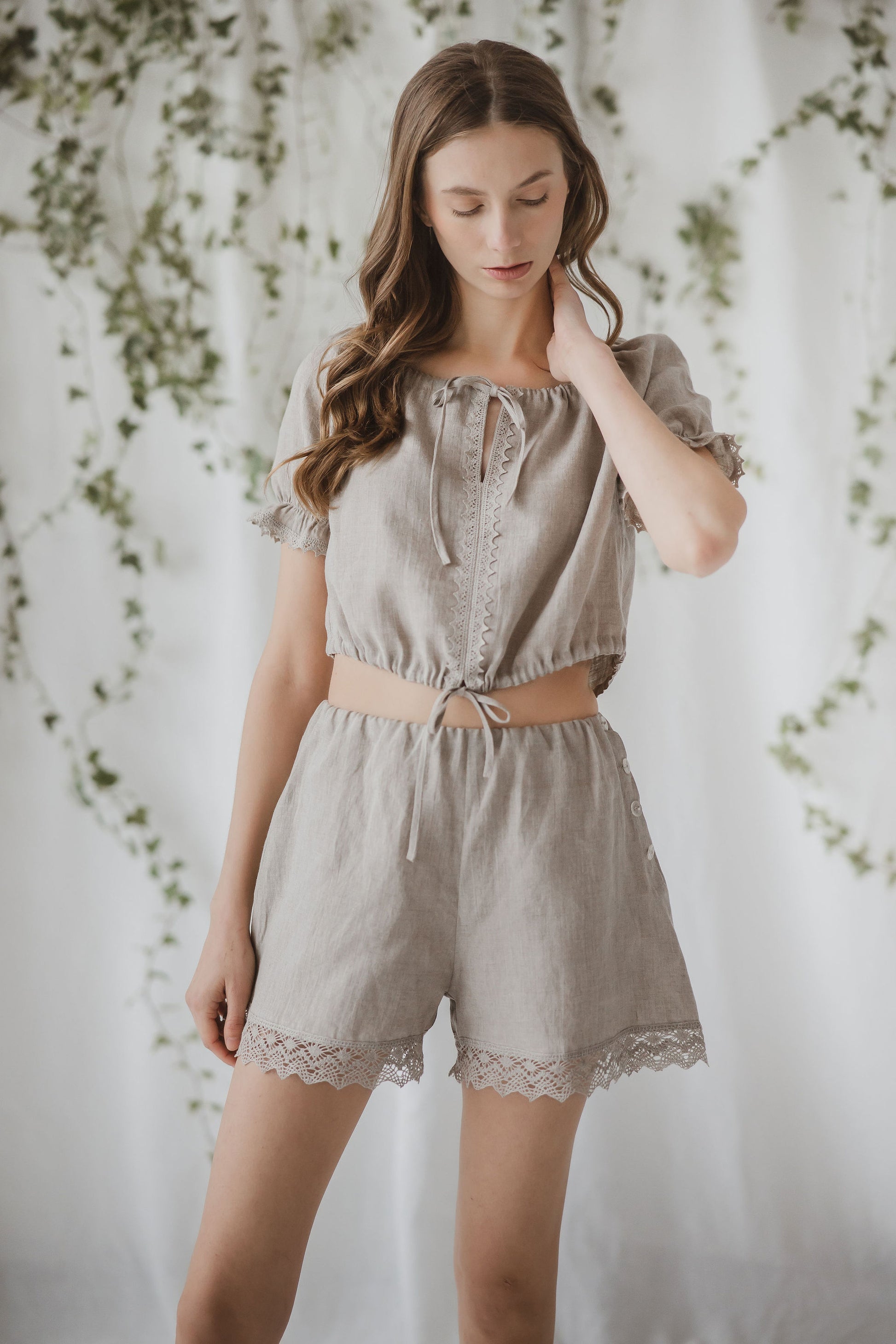 Natural linen fitted waist knickers with fastening in left side