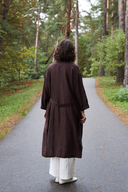 Linen Long Coat REGINA in Chocolate